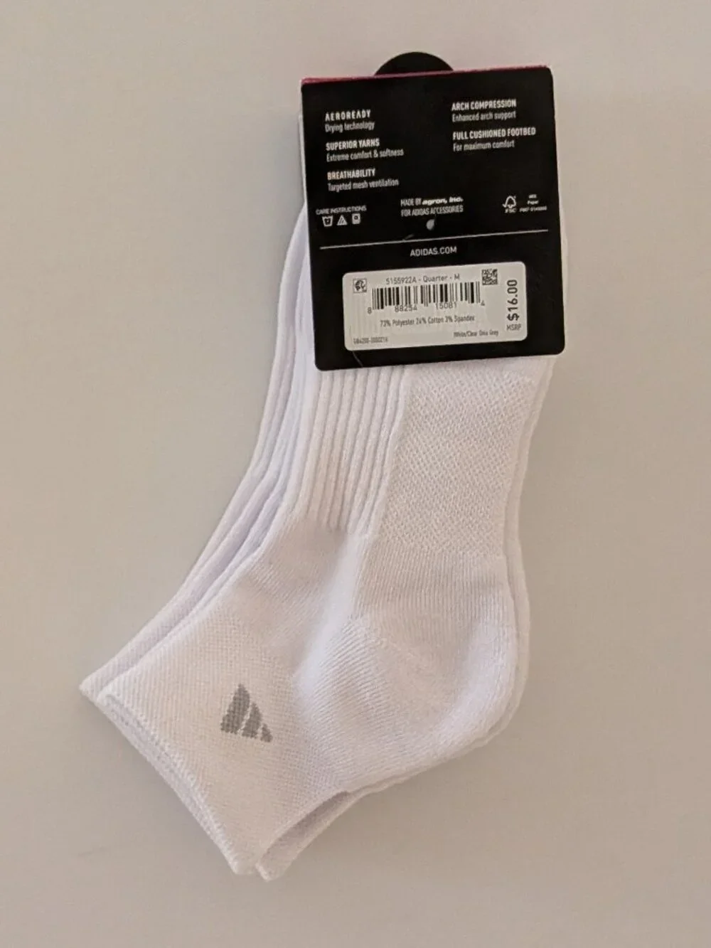 Adidas Cushioned Aeroready Quarter-Length Socks, White, Size 5-10, NWT